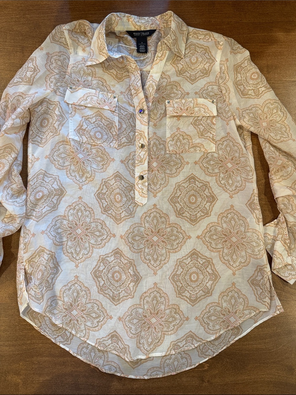 White House Black Market Cream and Beige Paisley Popover Blouse